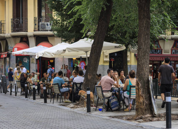Madrid bars and restaurants in small plaza stock photo