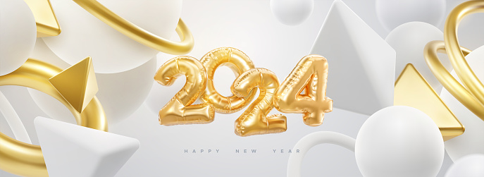 Happy New 2024 Year. Vector holiday illustration. 2024 golden foil balloons and flowing 3d geometric shapes on white background. Gold helium balloon numbers. Festive poster or banner design