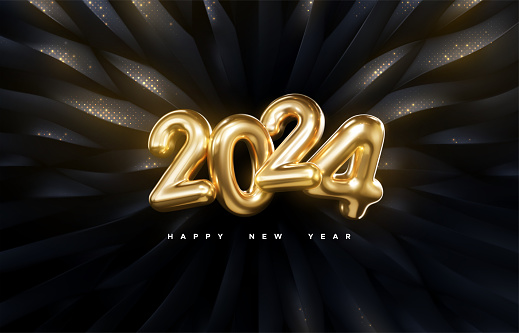 2024 golden metallic sign. Happy New 2024 Year banner. Vector holiday illustration. Realistic numbers on black background with shimmering glitters.