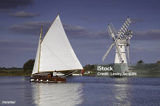 Norfolk Broads Wherry And Thurne Mill Stock Photo - Download Image Now - Norfolk Broads, Norfolk - England, River