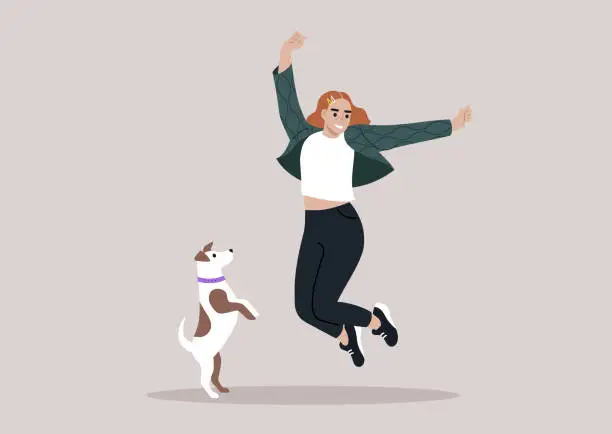 Vector illustration of A female pet owner jumping with their Jack Russell puppy, both filled with happiness and excitement