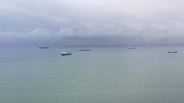 Aerial view of Ro-Ro ship approaching to a commercial port.