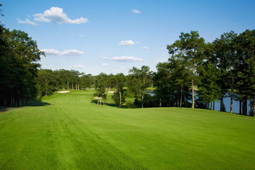 Beautiful golf fairway lined with trees alongside a lake leading to greenOthers you may like: