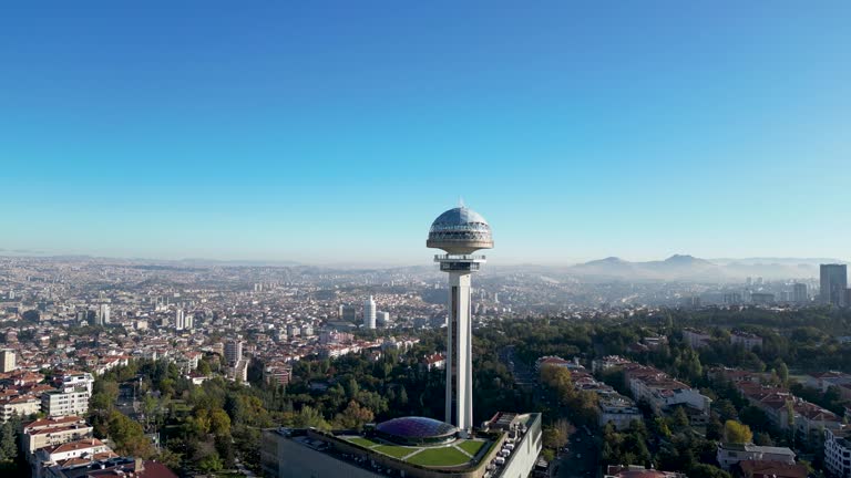 Aerial Drone View Atakule Tower, Capital City Ankara, Turkey