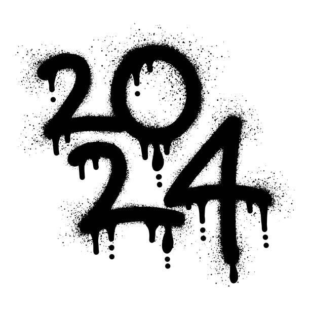illustrazioni stock, clip art, cartoni animati e icone di tendenza di numero 2024 per felice anno nuovo con vernice spray nera - letter i sign data dirty