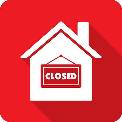 Vector illustration of a house with closed sign against a red background in flat style.