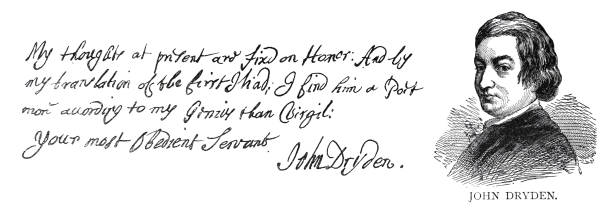 ジョン・ドライデン、手書きのテキストと署名のある英語の詩人の肖像画 - 詩人 ジョン・ドライデン点のイラスト素材／クリップアート素材／マンガ素材／アイコン素材