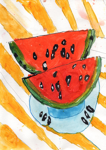 Slices of red watermelon on a blue plate on a striped yellow tablecloth. Hand drawn watercolor painting