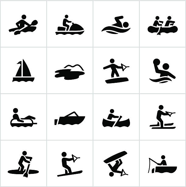 illustrazioni stock, clip art, cartoni animati e icone di tendenza di nero icone di ricreazione acqua - sailboat sail sailing symbol