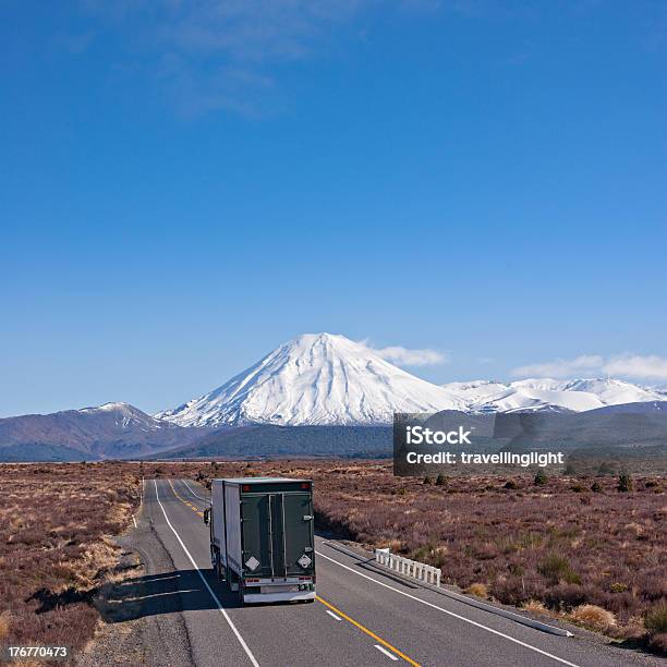 Truck On The Desert Road New Zealand With Mount Ngauruhoe Stock Photo - Download Image Now