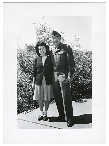 Asian Military Couple "old scanned photograph, 1940's" military photos stock pictures, royalty-free photos & images