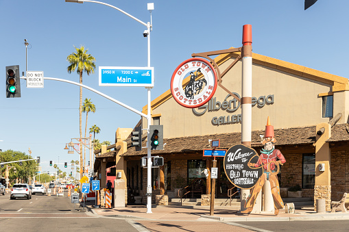 Scottsdale, AZ, USA - October 26, 2023: Old Town Scottsdale is famous for their shopping, art galleries, restaurants, and bars and clubs with their iconic sign located along every street.