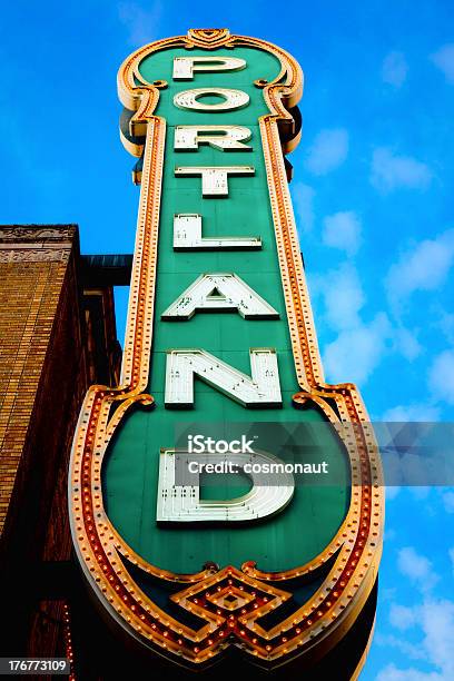 An Interrupted Photo Of The Portland Marquee Sign Stock Photo - Download Image Now - Portland - Oregon, Arts Culture and Entertainment, Color Image