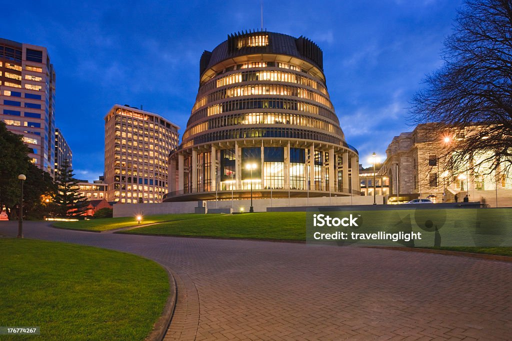 A nighttime image of Wellington the Beehive parliament The Beehive and  New Zealand's Parliament buildings, at twilight.  New Zealand Stock Photo
