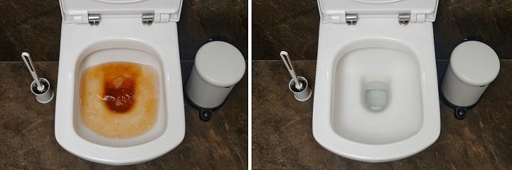 The before and after comparison of the bathroom shows the problem of clogged pipes and the effectiveness of plumbing services.
