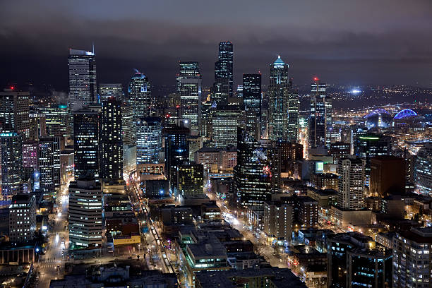istock Seattle Skyline at Night from Air-closeup 176777265
