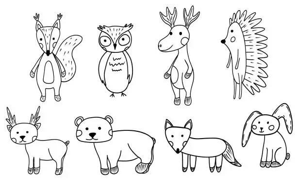 Vector illustration of Set with cute forest wild animal in hand drawn doodle style