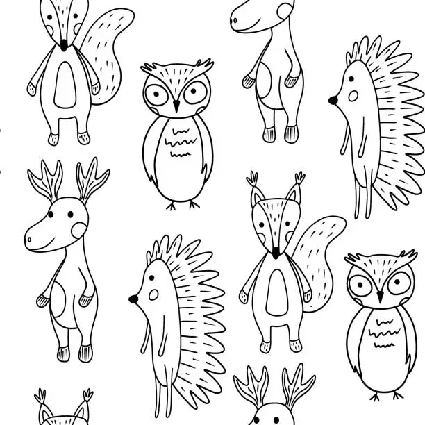 Vector illustration of Kids seamless pattern with cute forest wild animal in doodle style