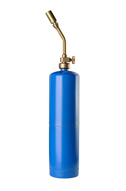 This is a propane torch with a blue bottle isolated on white. Propane torches like this are most often used to solder or sweat copper pipes together, they can also be used to remove paint or loosen stuck bolts.