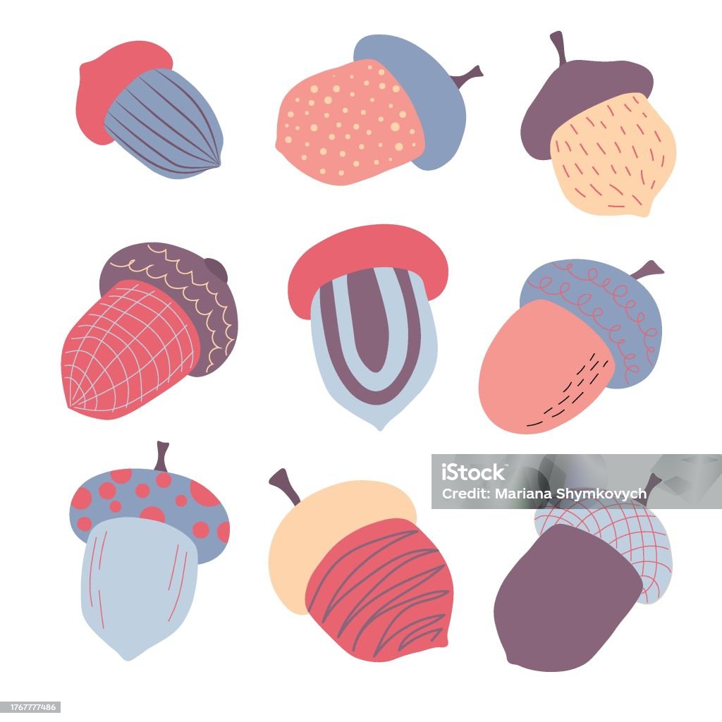 Multicolor Acorns Set With Colored Stylized Acorns Isolated On White Background Vector ...