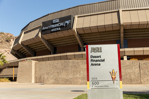 Tempe, AZ, USA - October 28, 2023: Desert Financial Arena is home to the Arizona State University Sun Devil's basketball, volleyball, and wrestling teams, as well as hosting concerts and events.