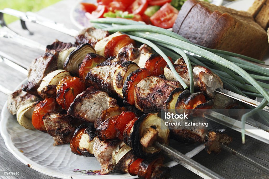 shish kebab Skewers with a shish kebab Backgrounds Stock Photo