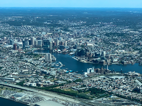 Aerial photo of downtown Baltimore, Maryland and the Baltimore Harbor.