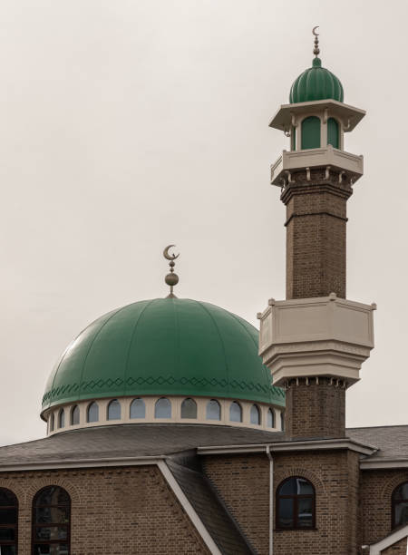 London, UK - Oct 23, 2023 - Architecture design view of Acton Mosque. The detail of classic exterior building built for Islamic Affairs at london city. Space for text, Selective focus.