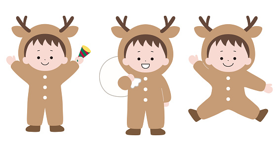 Child in reindeer costume. Christmas, vector, boy, jump