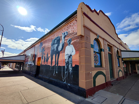 Old fashioned corner building with graffitis in Broken Hill, a town in the far west region of outback New South Wales, Australia.