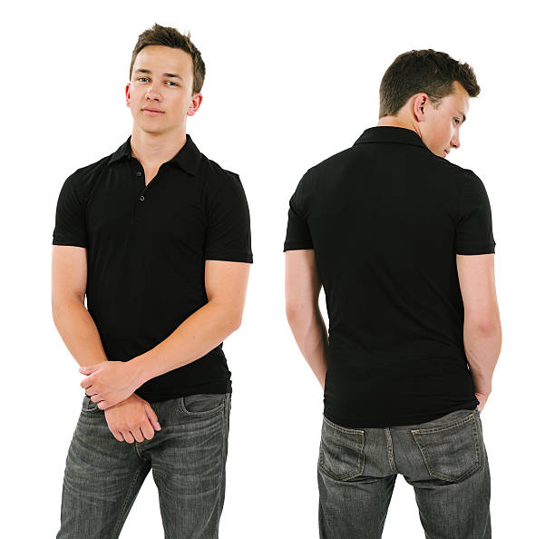 Young man with blank black polo shirt stock photo