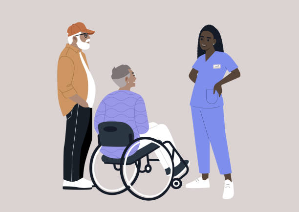 illustrations, cliparts, dessins animés et icônes de un couple de personnes âgées au cabinet du médecin, le mari servant de chaperon à sa femme, qui est en fauteuil roulant - patient male nurse nurse hospital