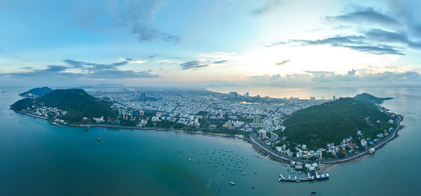 Aerial photo of sunrise over Vung Tau coastal city , Ba Ria Vung Tau province