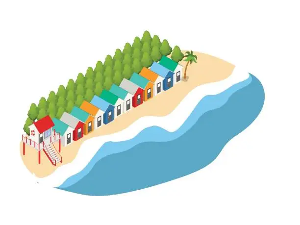 Vector illustration of Colorful beach houses, Huts and bungalow on sandy beach