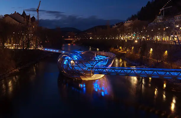 "Blue hour in Graz. This is the famous Mur-island (Murinsel), an artificial floating platform in the middle of the river."
