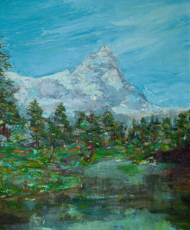 Painting of Mont Blanc from the Italian side with the Blue Lake in the foreground; oil painting on canvas board done by the photographer. The Peak is covered with snow and ice.  In the foreground are some pine trees.  