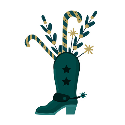 Cowboy boot with christmas decor, plants and sweets isolated vector illustration