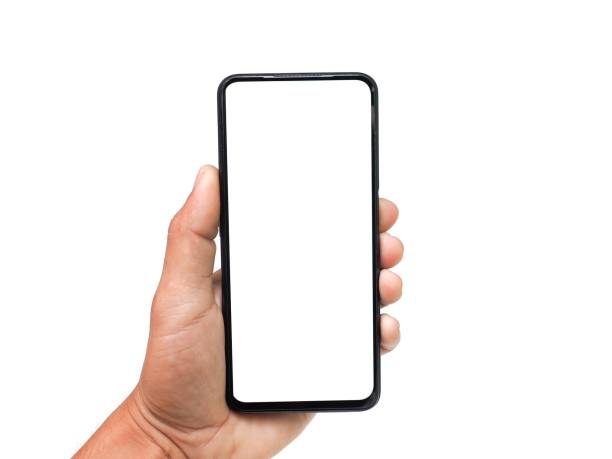 istock Male hand holding a white screen on a white background. business concept. 1767899835