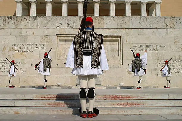 Greek Army soldiers perform the changing of the guard outside the capital in Athens, Greece.