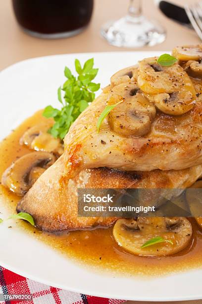 Chicken Marsala On A White Plate Stock Photo - Download Image Now - Edible Mushroom, Chicken Meat, Food
