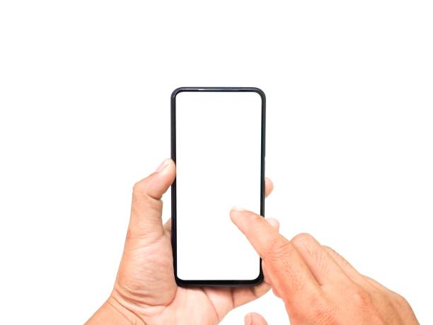 istock Male hands holding white screen and playing cell phone with two hands on white background Business concept. 1767903181