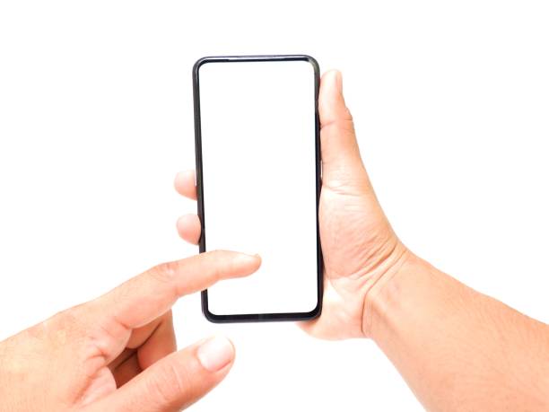 istock Male hands holding white screen and playing cell phone with two hands on white background Business concept. 1767903702