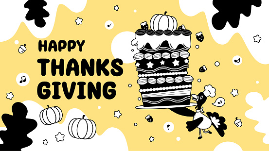 Thanksgiving characters vector art illustration.
A turkey chef serving a big Thanksgiving cake or birthday cake.
Characters are painted in black and white with outlines, and the background is a comfortable and soft light yellow color.