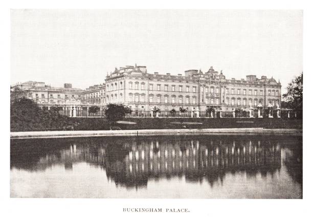 Buckingham Palace is a royal residence and administrative headquarters in London,  England. Sepia-toned photograph engraving published 1892. Original edition is from my own archives.  Copyright has expired and is in Public Domain.