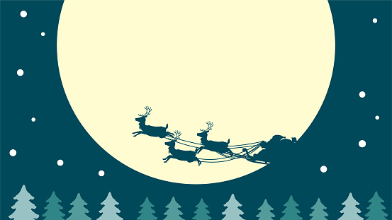 Silhouette of Santa Claus riding a reindeers sleigh against the full moon. Christmas background material.
