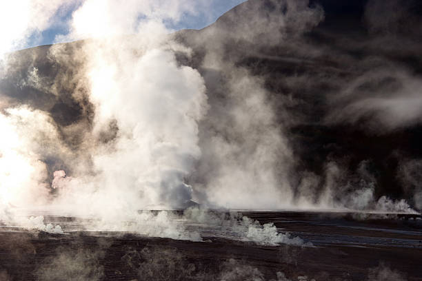 Vapor rising from geyser field, Chile stock photo