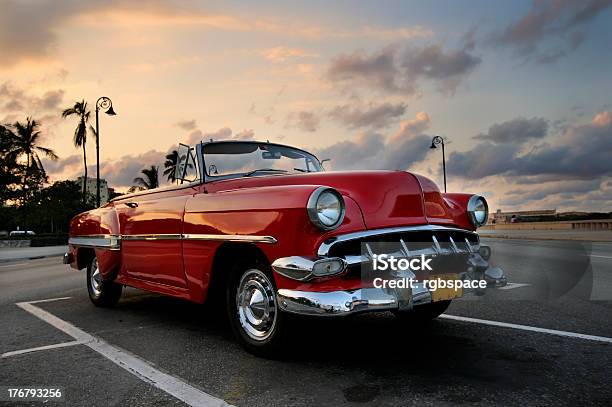 Red Car In Havana Sunset Stock Photo - Download Image Now - Vintage Car, Car, Retro Style
