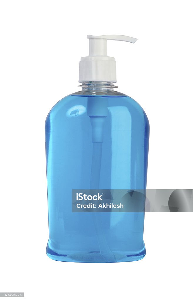 Lavado de manos líquido jabón en fondo azul - Foto de stock de Artículos de aseo libre de derechos