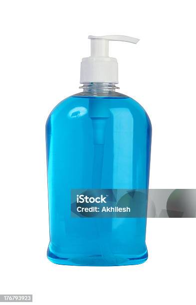 Liquido Handwash Sapone Su Sfondo Blu - Fotografie stock e altre immagini di Bellezza - Bellezza, Blu, Bottiglia