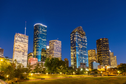 View on downtown Houston by night with skyscraper